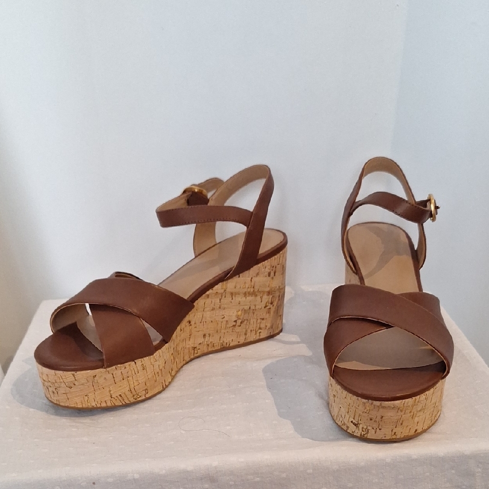 AEROSOLES Brown Leather Cork Wedge Sandals